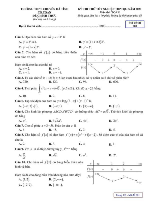 Đề thi thử Tốt nghiệp THPT môn Toán - Mã đề 001 - Năm học 2021 - Trường Trung học Phổ thông chuyên Hà Tĩnh (Có đáp án)